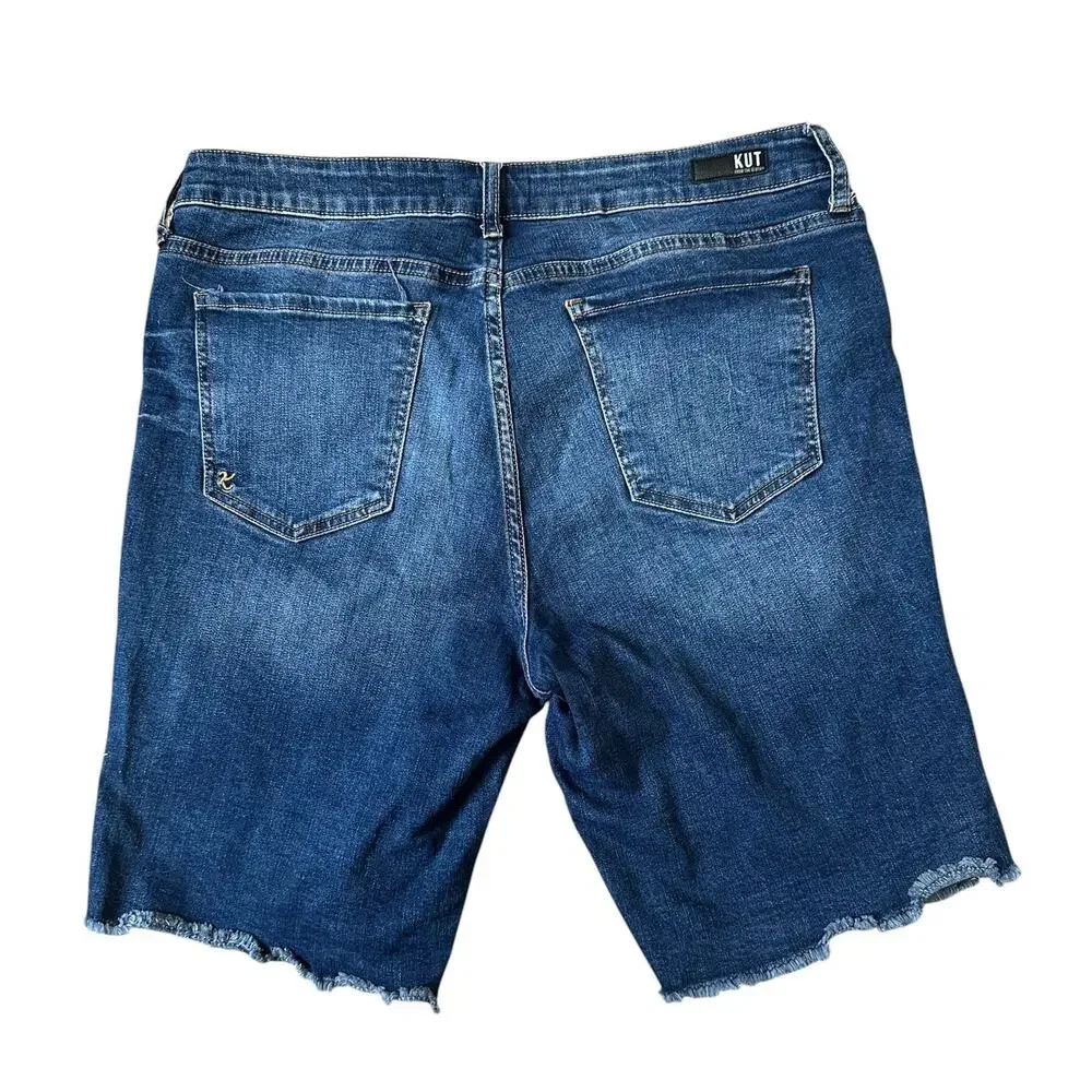 Kut from the Kloth Natalie Bermuda Shorts Women's 14 Medium Wash Raw Hem Denim - Picture 3 of 5